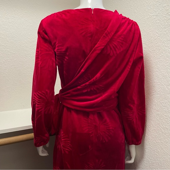 VTG🇺🇸Circa 2000 Red Velour Floral Print Top Overlap Wrap Festive Holiday Dress - Picture 7 of 8